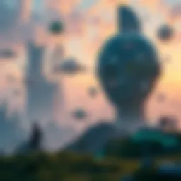 An illustration representing the vastness of the metaverse with digital landscapes and avatars.
